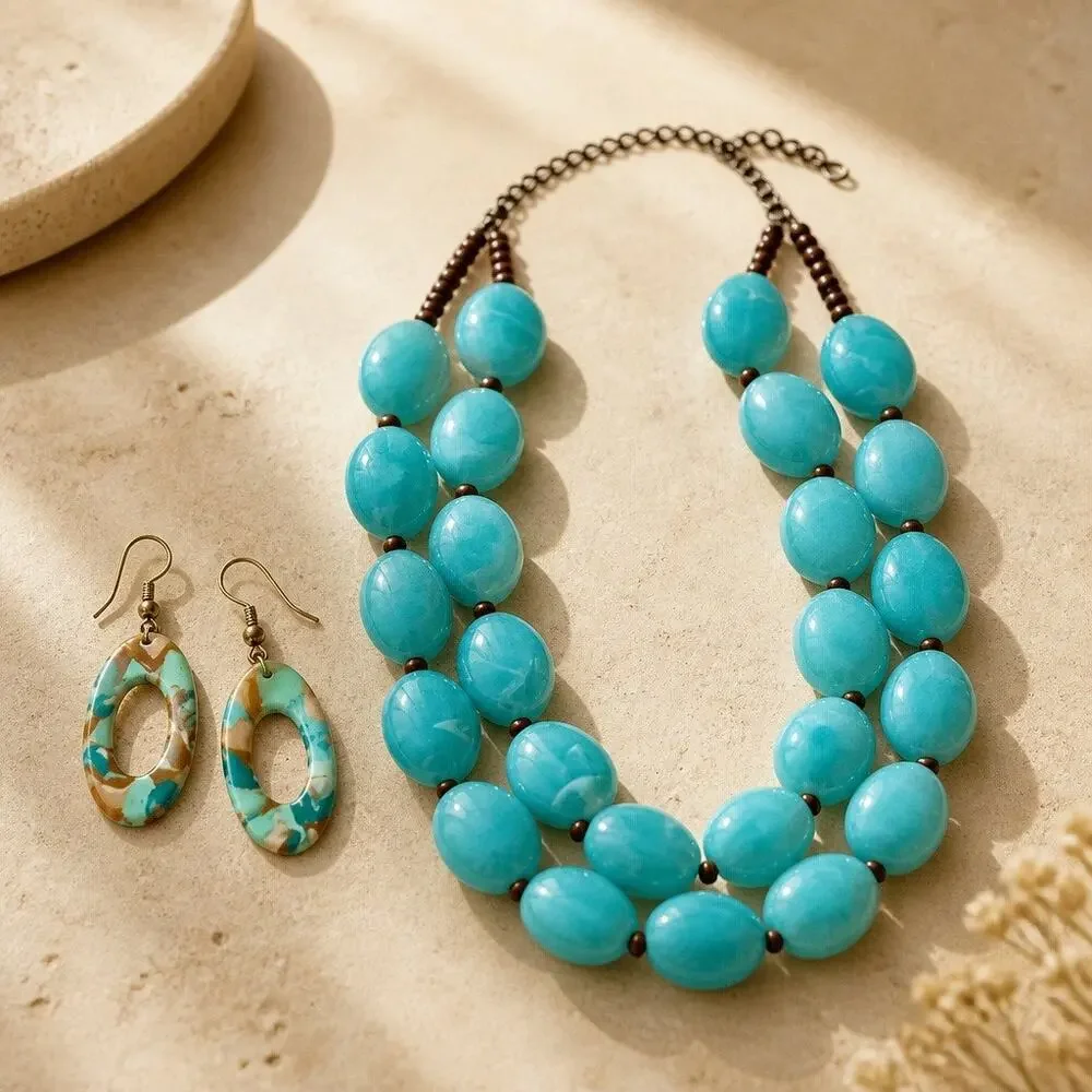 Chunky Howlite Turquoise Double Strand Bead Necklace with Earring Curated  2 Set
